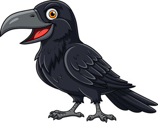 Cartoon black crow illustration, expressive bird artwork, cad drawing, open beak posture, orange eyes detail, flat vector silhouette style