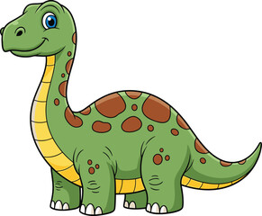 Cartoon dinosaur with green body and brown spots, friendly prehistoric creature, vector illustration, cad drawing, cute reptile design