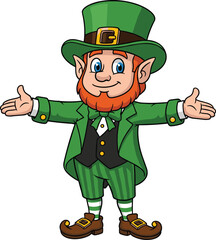Cartoon leprechaun with smiling face and open arms, Irish folklore character, Saint Patrick’s Day cad illustration, festive vector artwork
