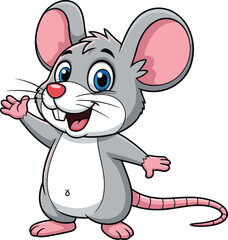 Cartoon mouse character waving with big smile, cad vector illustration, gray body, pink ears and tail, cheerful animal artwork