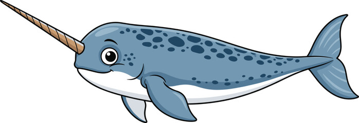 Cartoon narwhal with spiral tusk, cheerful sea animal character, vector illustration, cad drawing, blue whale-like creature, ocean wildlife design ©  Creative Crafter