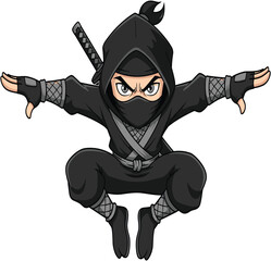 Cartoon ninja mid-air pose, black costume character, intense action leap, cad drawing, flat vector illustration, stealth martial arts scene