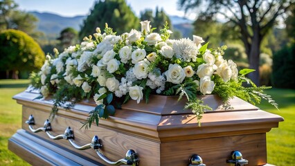 A wooden coffin with flowers outdoors