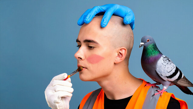 Man with Pigeon, Applying Makeup, Wearing Safety Vest