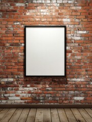 Blank canvas frame on a red brick wall in a vintage art gallery style, offering space for custom artwork or designs.