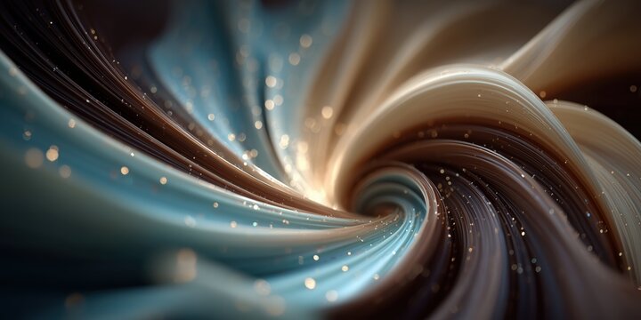 A swirling spiral of silky, teal and bronze ribbons, highlighted by scattered golden light particles, forms a dynamic abstract vortex filled with elegant fluid motion.


