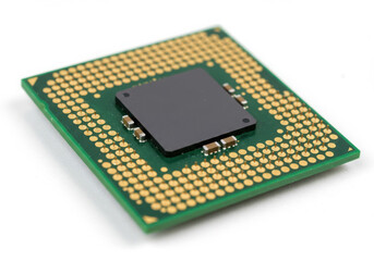 Close up image of a computer processor on a white surface top view