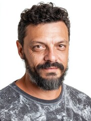 Fototapeta premium Attractive mid aged mature Brazilian man with a friendly demeanor, facing the camera, isolated on white background.