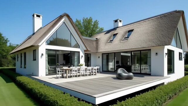 A modern luxury home with a thatched roof and large glass windows, featuring a spacious wooden deck and outdoor dining area