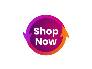 Circular purple and orange button with shop now text and arrow graphics isolated on white background