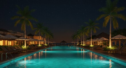 Luxurious tropical resort swimming pool illuminated at night with palm trees
