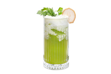 Green detox drink in crystal glass on white background - Fresh detox juice in decorative glass - Clean eating concept with green juice