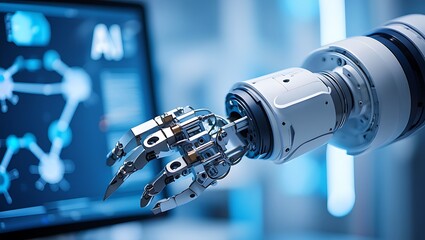 Robotic arm interacting with futuristic medical display