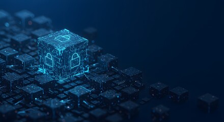 Cybersecurity data cube with glowing padlock symbols, representing digital security and data protection within a complex network.