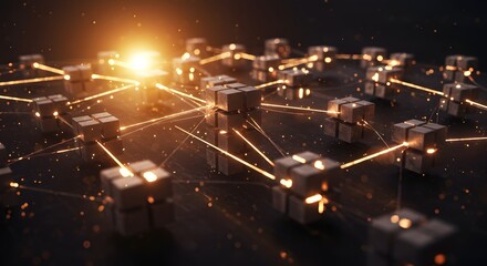 Abstract network visualization with interconnected cubes and glowing lines, representing connections and data flow in a complex system.