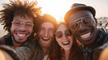 Happy friends from diverse cultures and races taking selfie with back lighting - Youth and friendship concept with young people having fun together - Main focus on left two guys - Retro filter, no lo