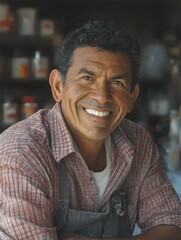 Obraz premium Portrait of a happy hispanic salesman in a hardware store