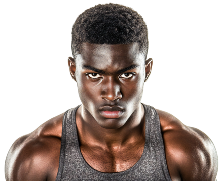 Photo of a powerfully built, muscular man with an intense and determined expression stares directly at the camera, showcasing his athletic physique isolated on transparent background