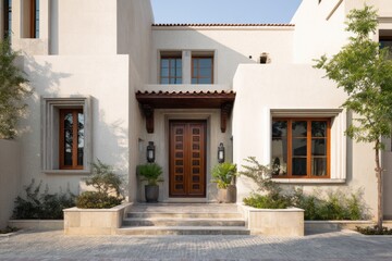 Fototapeta premium Elegant modern villa entrance featuring wooden door and lush greenery located in a serene neighborhood during bright daylight