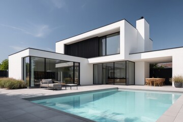 Fototapeta premium Modern architectural design showcases a sleek white house with large glass windows and a tranquil swimming pool in an outdoor setting during a clear sunny day