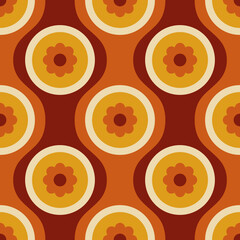Seamless Pattern A vibrant retro 70s pattern with floral-inspired shapes and smooth geometric lines, radiating warmth, energy, and groovy optimism.