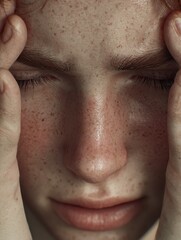 Naklejka premium A close-up of a person experiencing a headache, gripping their forehead in discomfort, highlighting feelings of stress.