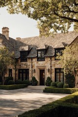 Obraz premium An exquisite stone mansion stands majestically, enveloped by vibrant greenery and adorned with a beautifully paved driveway, all under the warm glow of the sun in a prestigious neighborhood