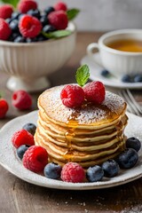
Golden Pancake Stack with Fresh Berries and Maple Syrup.