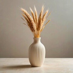 Minimal Ceramic Vase with Vertical Ridges and Dried Wheat on Neutral Tabletop