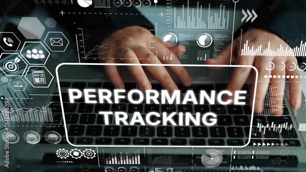 Poster Hands on Laptop with Digital Graphics for Performance Tracking in a Modern Business Environment. Asymptotic smart data analytic.