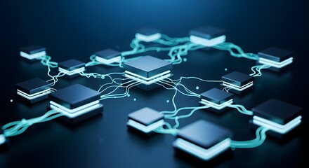 Abstract illustration of interconnected digital data blocks, glowing with light.