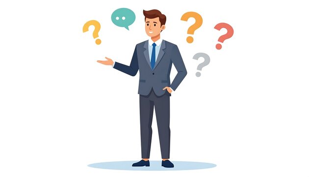 Businessman questioning, surrounded by question marks