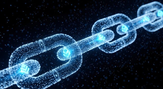 A glowing, digital chain composed of interconnected links, set against a dark background. - Powered by Adobe