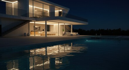 Fototapeta premium Modern luxury villa with swimming pool at night reflecting lights