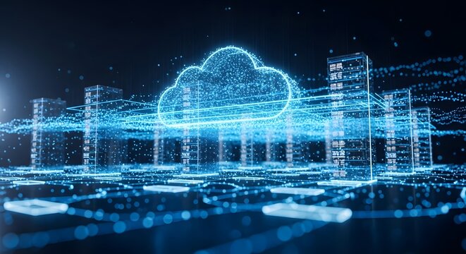 Glowing cloud computing network, digital data servers and interconnected infrastructure. - Powered by Adobe