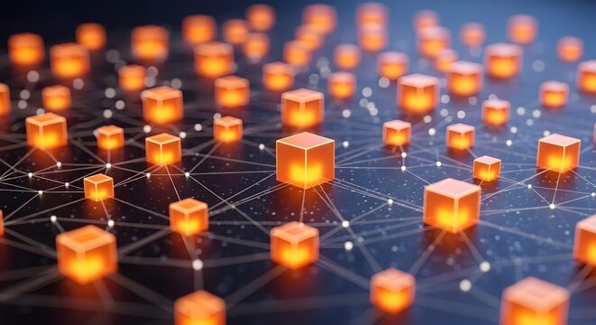 Glowing orange cubes interconnected by a network of lines, representing data flow or a complex system.