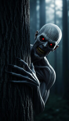 Realistic Horror Creature Peeking from Tree – Scary Night Monster