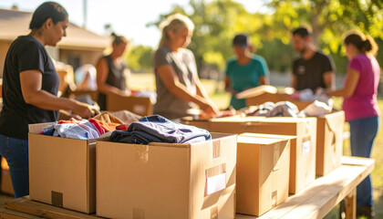 Volunteers sort donated clothes at outdoor charity event.