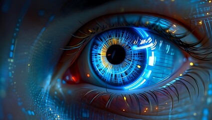 Close up of a futuristic blue eye reflecting digital data streams