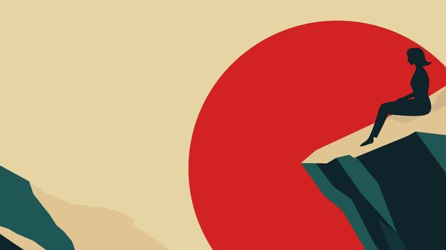 Woman Sitting on Cliff with Red Sunset Animation
