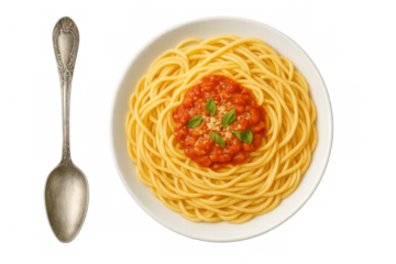 Spaghetti with tomato sauce and basil served on a white plate with a silver spoon on transparent background