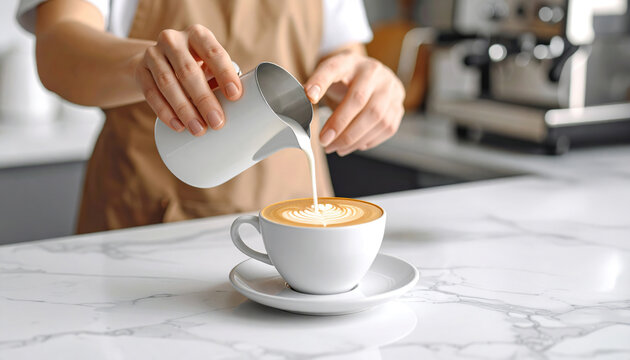 Barista pouring milk into coffee creating latte art design.