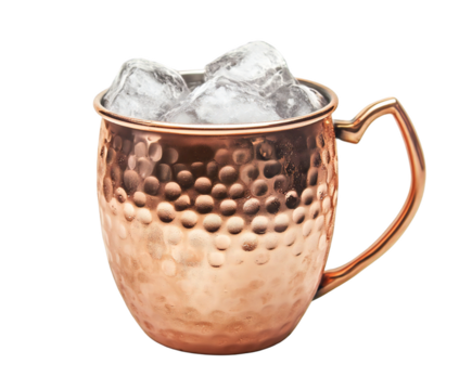 Photo of a hammered copper moscow mule mug filled with ice and a refreshing beverage, isolated on a transparent background