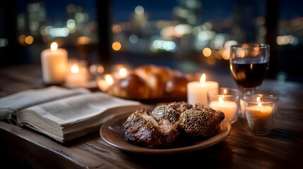 Celebrating Yom Kippur with traditional food, candles, and prayers in a serene evening setting