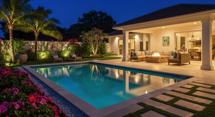 Luxurious backyard oasis with illuminated swimming pool and covered patio at night