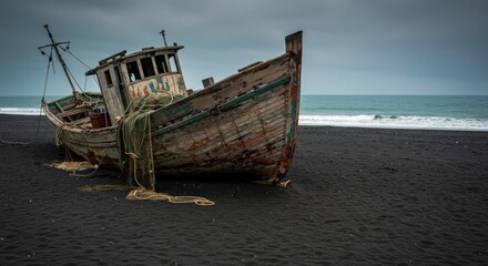 Derelict fishing boat on dark sand
