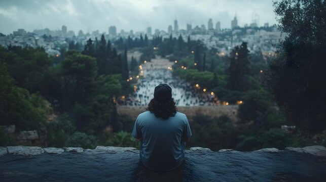 Reflection during Yom Kippur overlooking the city skyline in Jerusalem