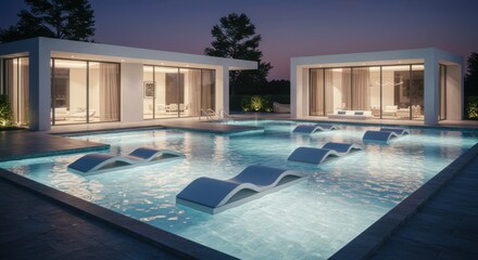Modern luxury home with infinity pool and lounge chairs at dusk