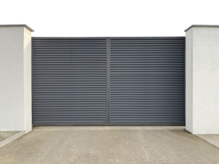 A direct view of the facade from above a modern gate in a fence. Mockup or template, background