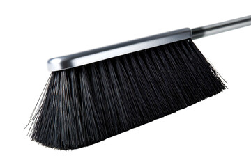 Photo of a closeup studio shot of a black bristled broom head with a silver handle, isolated on a transparent background